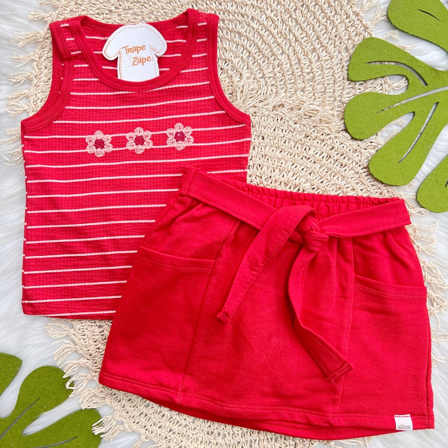 Conj. Regata Listrada Três Flores e Short Saia - Vermelho